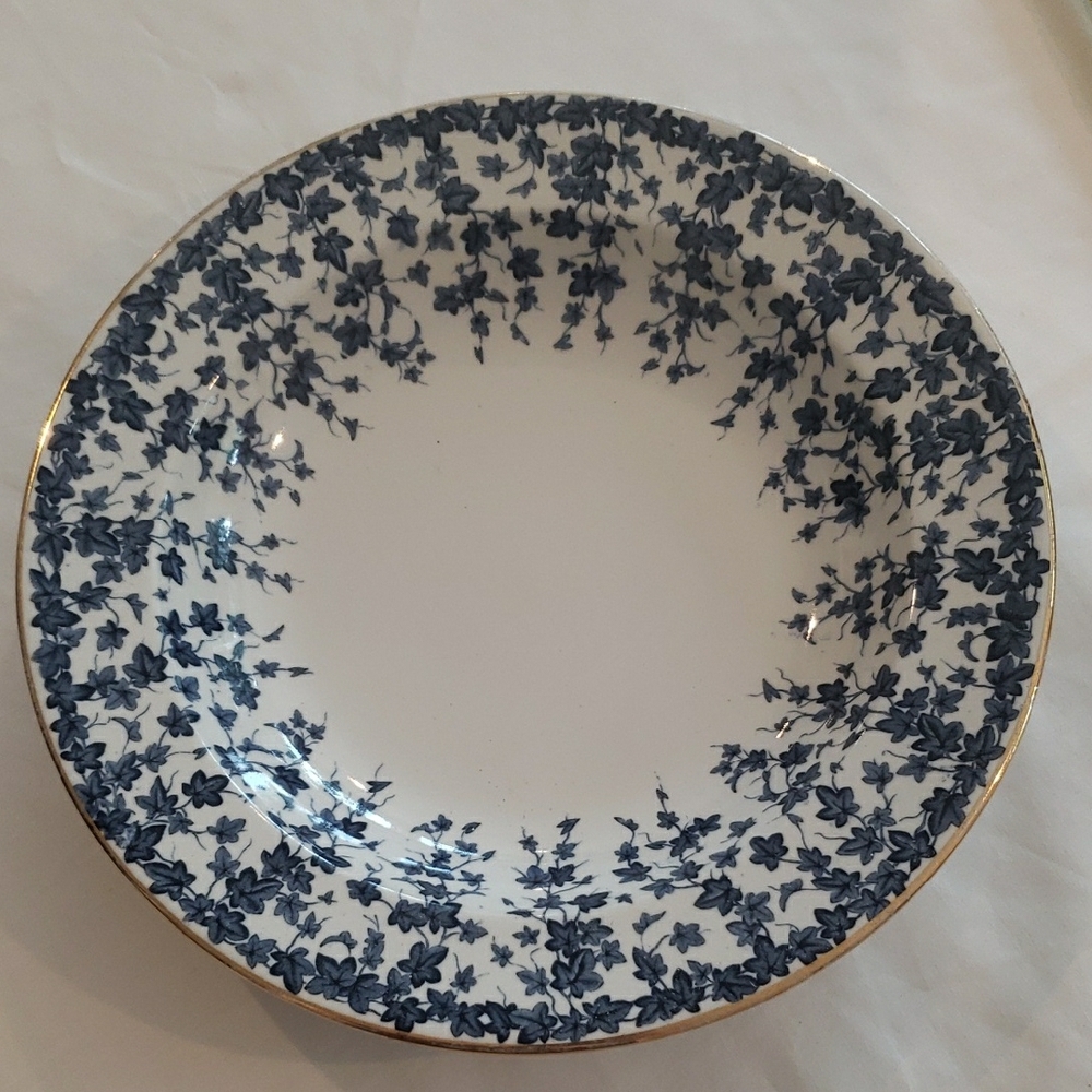 Vintage Blue English Ivy Dinner/Serving Bowl With Gold Trim - 10" Diameter